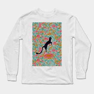 black cat jumping into peonies Long Sleeve T-Shirt